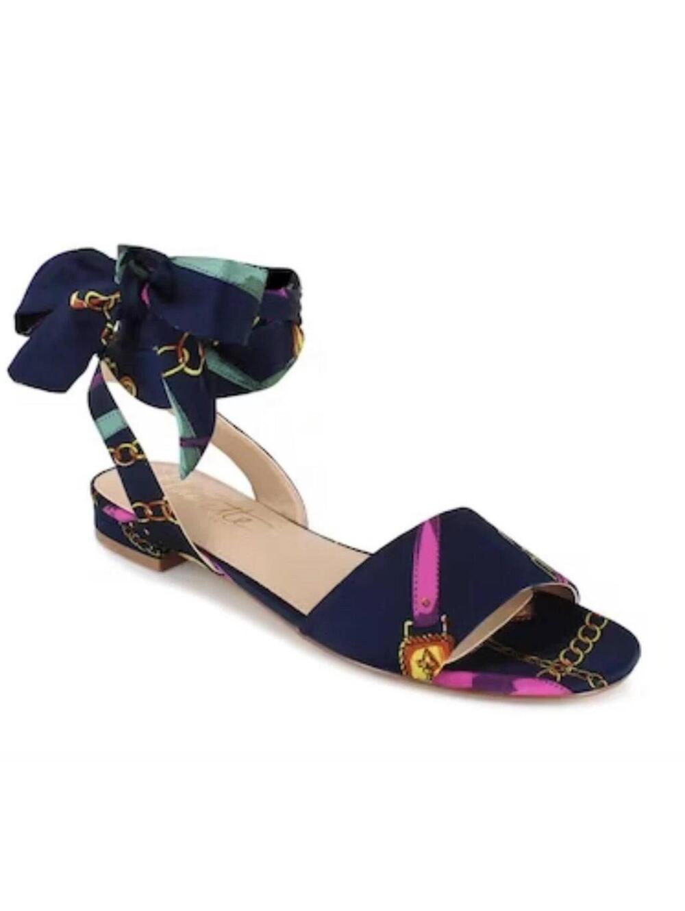 Nanette Lepore Gabriella US 9.5 Navy Scarf Print Satin Ankle Wrap Flat Sandals